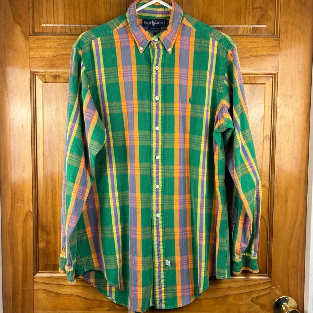 Ralph Lauren Mens L Green Plaid Button Down Shirt Long Sleeve 90s Preppy Madras